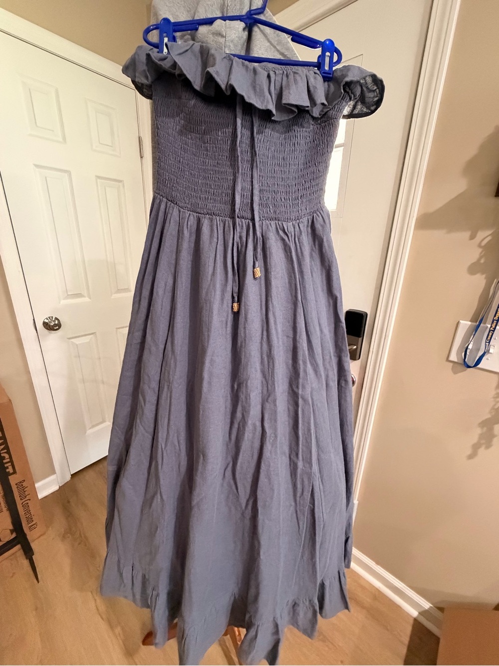 Free People Dusty Blue Smocked Off-Shoulder Maxi